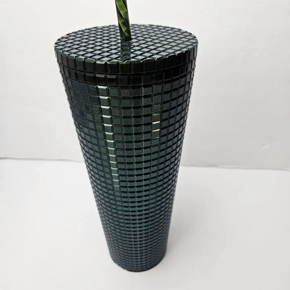 Starbucks 2021 Deep Green Disco Grid 24oz‎ Tumber Venti Straw